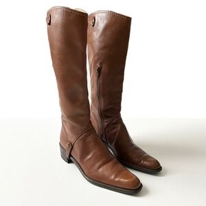Stuart Weitzman Tall Leather Riding Boots Brown Square Toe Side Zip Size 6